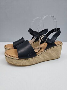 Born Santos Platform Espadrille Wedge Sandal Womens 10 Black Leather Comfort NEW